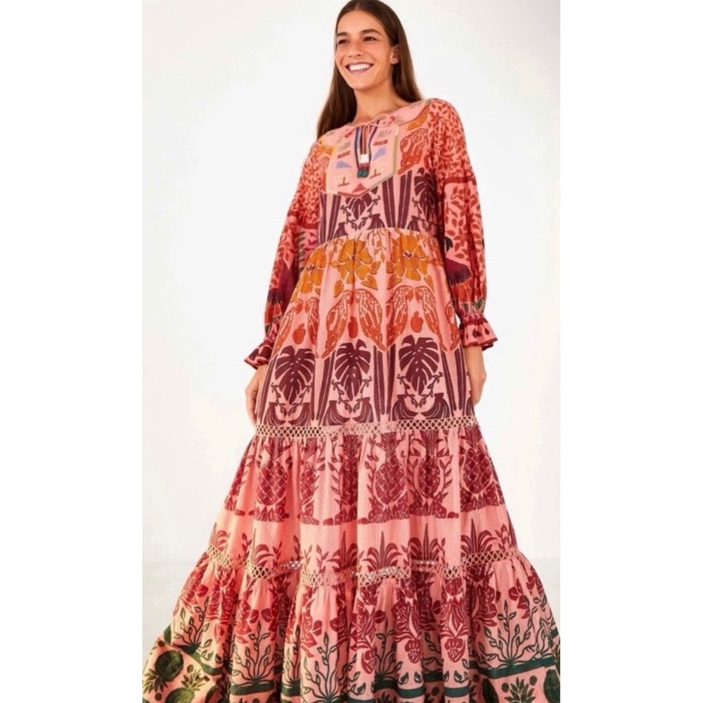 Farm Rio Anika Macaws Maxi Dress S Embroidered Boho Tropical Festival Brazilian